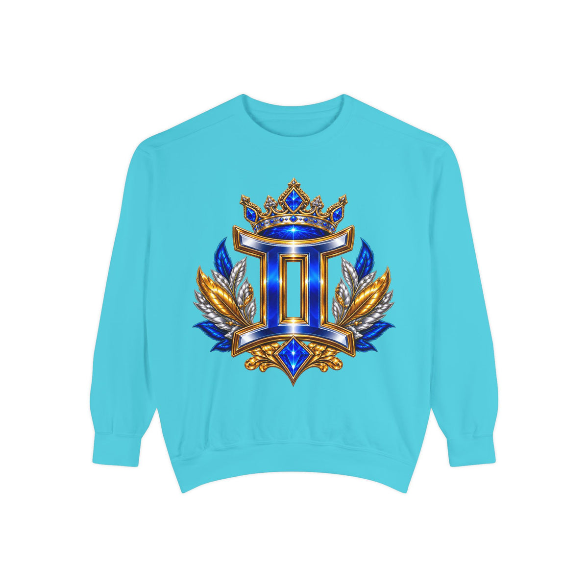 Gemini Zodiac Sweatshirt — Royal Blue & Gold Twin Symbol Crewneck