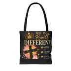 She Is Built Different Christian Tote Bag – Inspirational Faith Cross Design