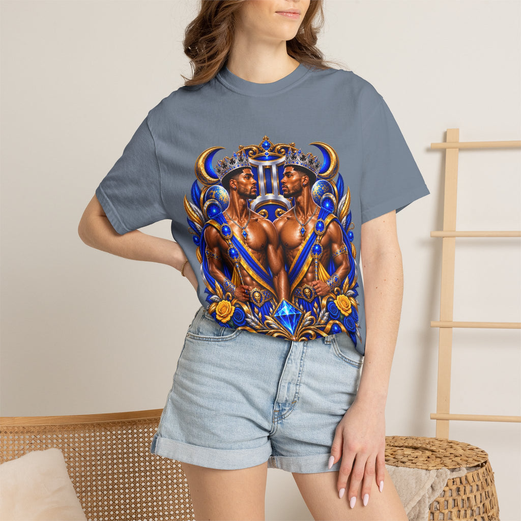 Gemini Zodiac T-Shirt — Bold Blue & Gold Twin Portrait Tee