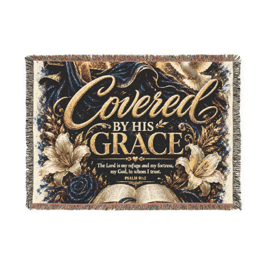 Covered by His Grace Woven Blanket — Inspirational Christian Throw with Floral Bible Design