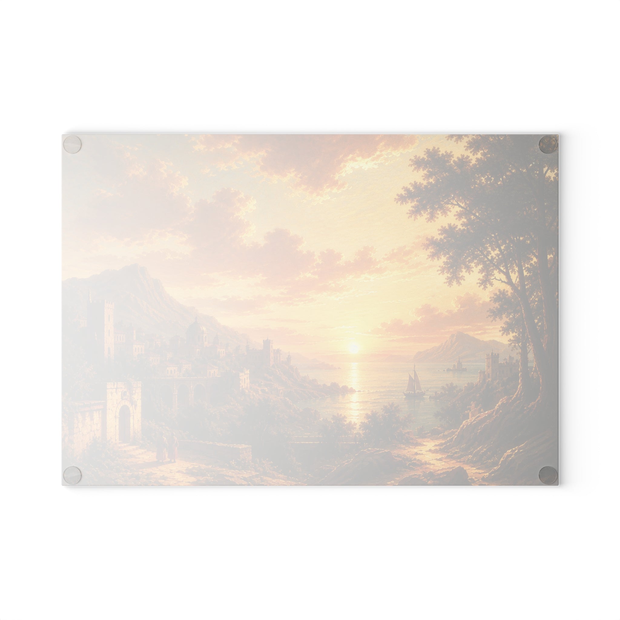 Glass Cutting Board - Golden Sunset Coastal Landscape Print, Tempered Glass Kitchen Board