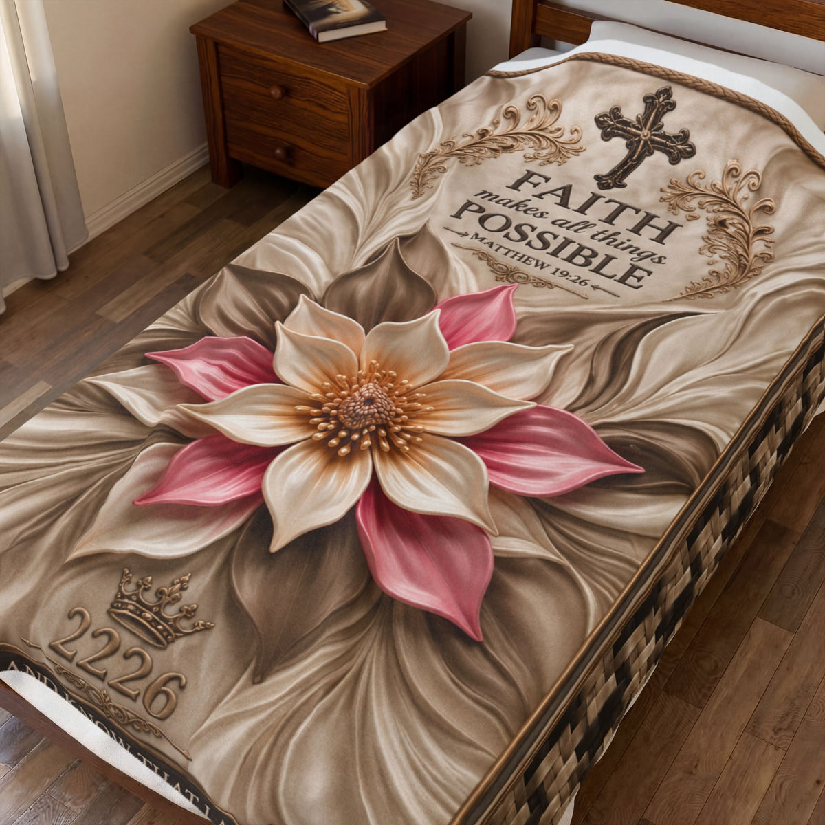 Faith Makes All Things Possible Velveteen Plush Blanket — Inspirational Floral Cross Throw