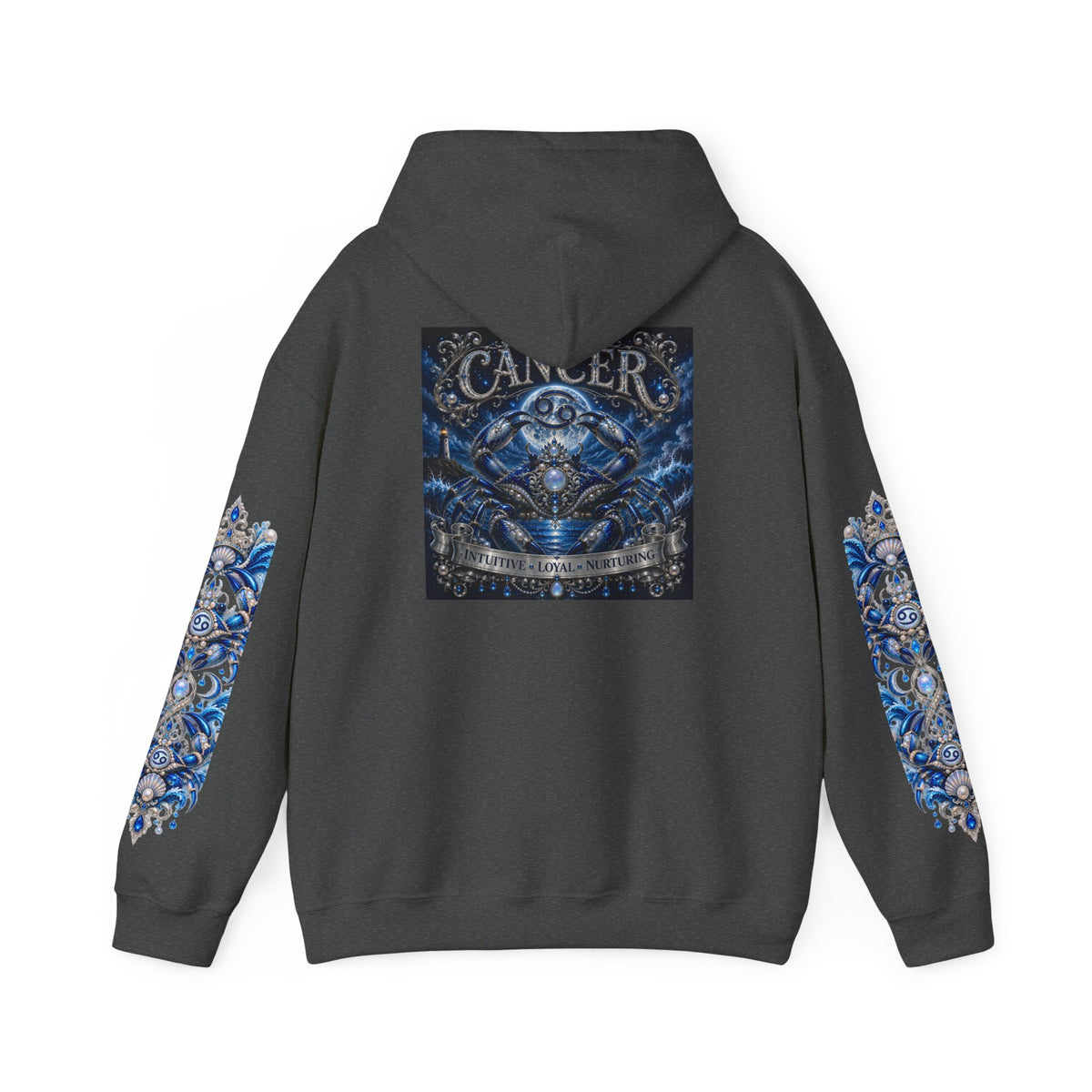 Cancer Zodiac Hoodie — Blue Crab Astrology Sweatshirt with Sleeve Art
