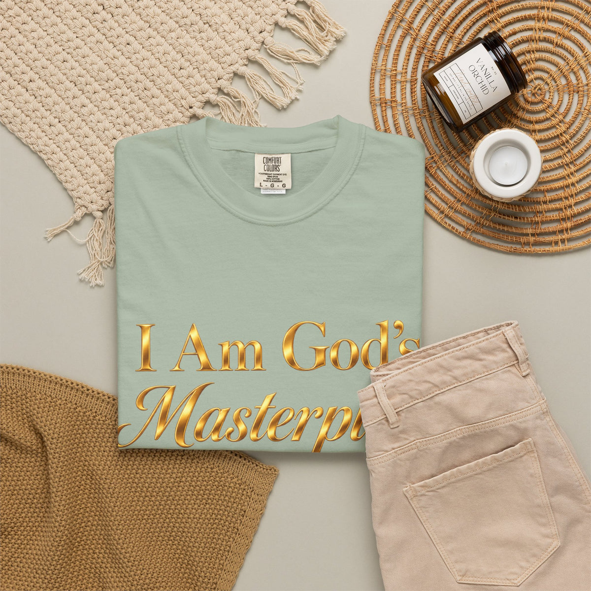 I Am God’s Masterpiece T-Shirt — Gold Script Christian Faith Tee (Psalm 139:14)