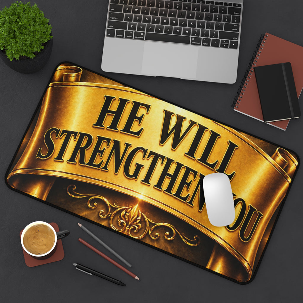 He Will Strengthen You Desk Mat — Inspirational Christian Desk Pad