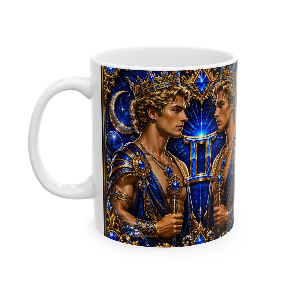 Zodiac Gemini Ceramic Mug — Mythic Blue Gold Astrology Coffee Cup (11oz & 15oz)