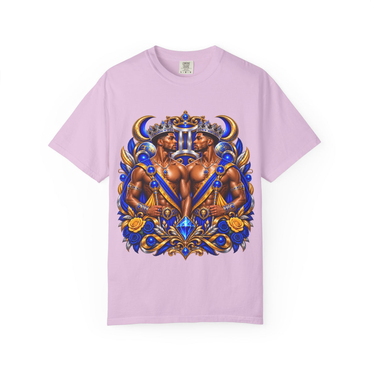 Gemini Zodiac T-Shirt — Bold Blue & Gold Twin Portrait Tee