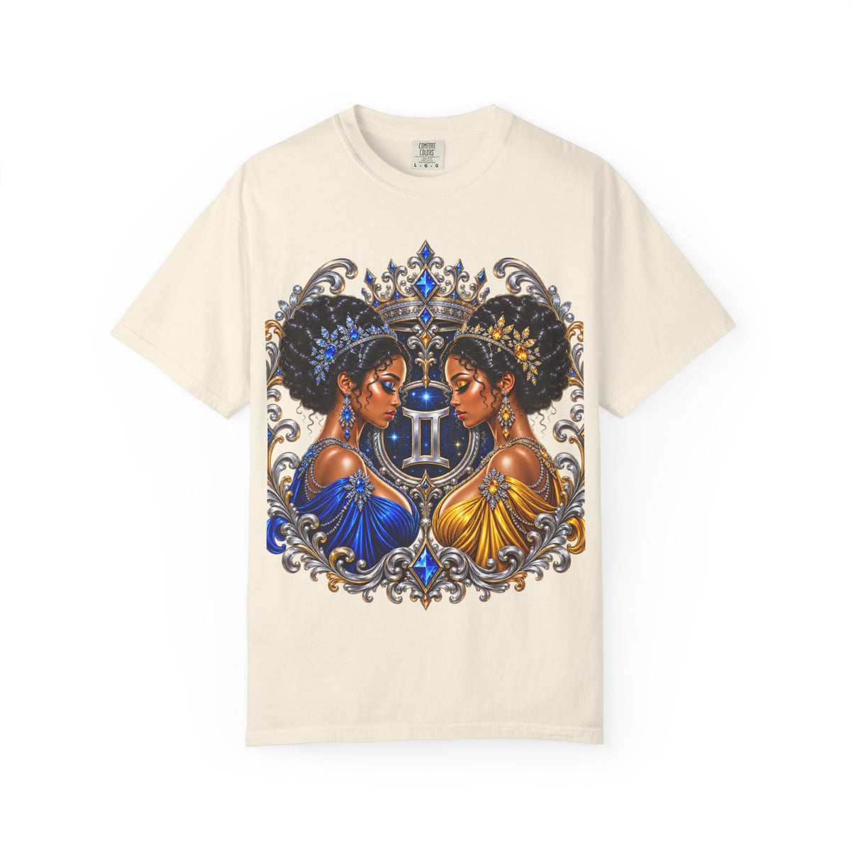 Gemini Zodiac Twin Queens T-Shirt — Elegant Blue & Gold Astrology Tee