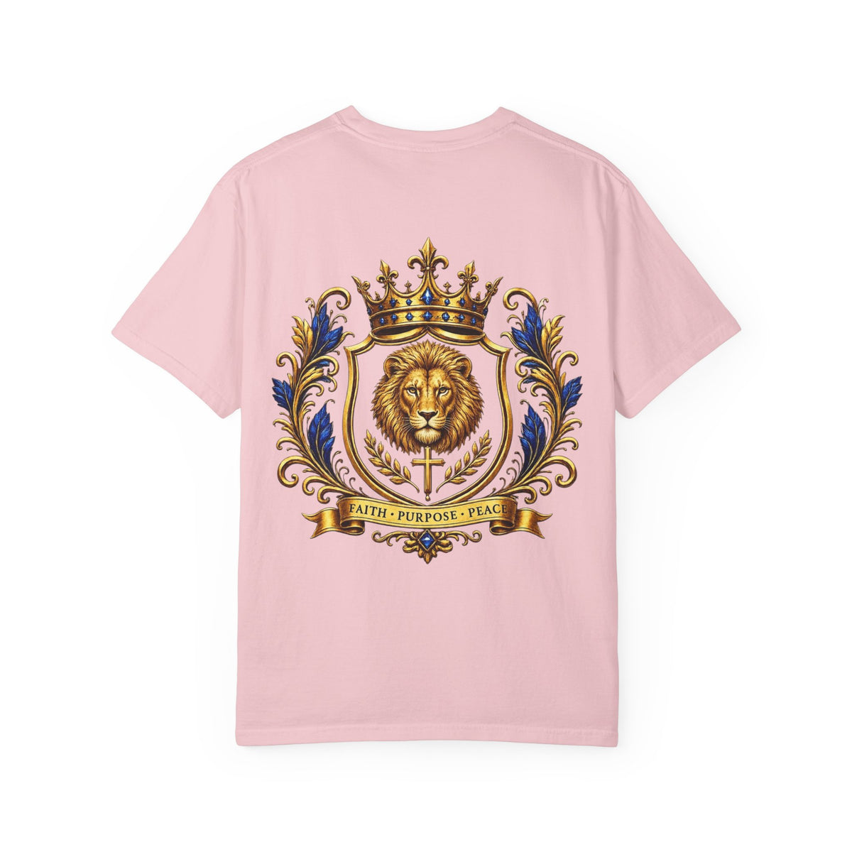 Lion Crest T-Shirt — Regal Crowned Lion with "Faith • Purpose • Peace" Back Graphic