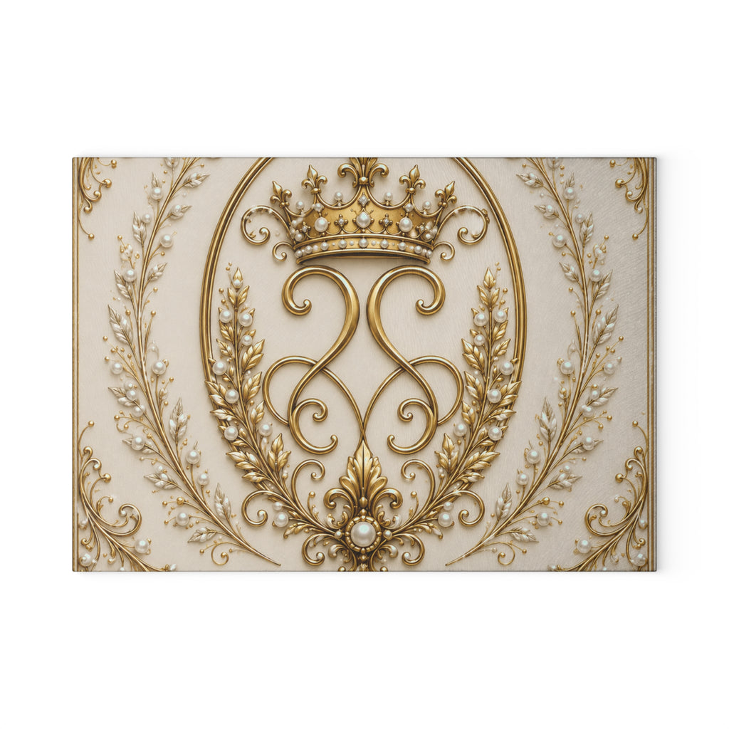 Ornate Gold Crown Glass Cutting Board — Vintage Royalty Kitchen & Serving Platter