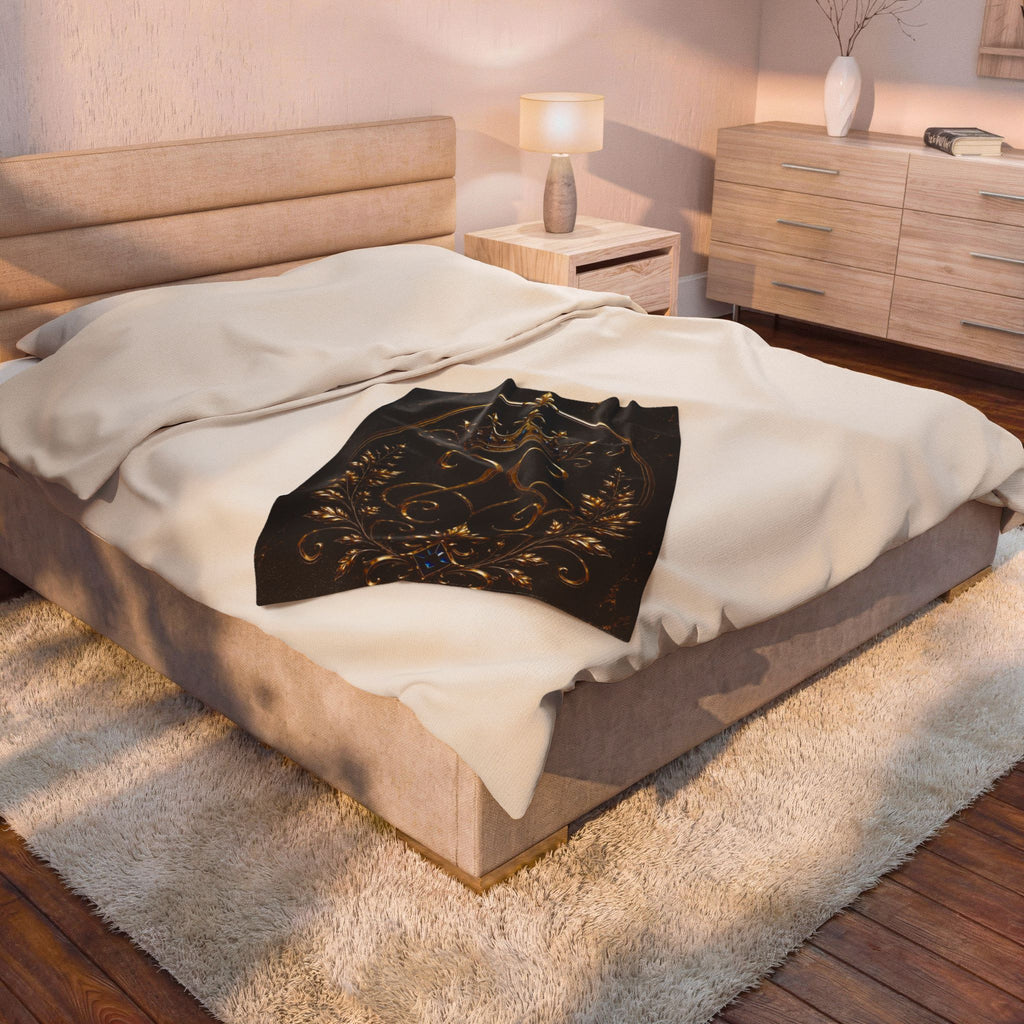 Regal Crown Velvet Plush Blanket — Gold Baroque Royal Throw