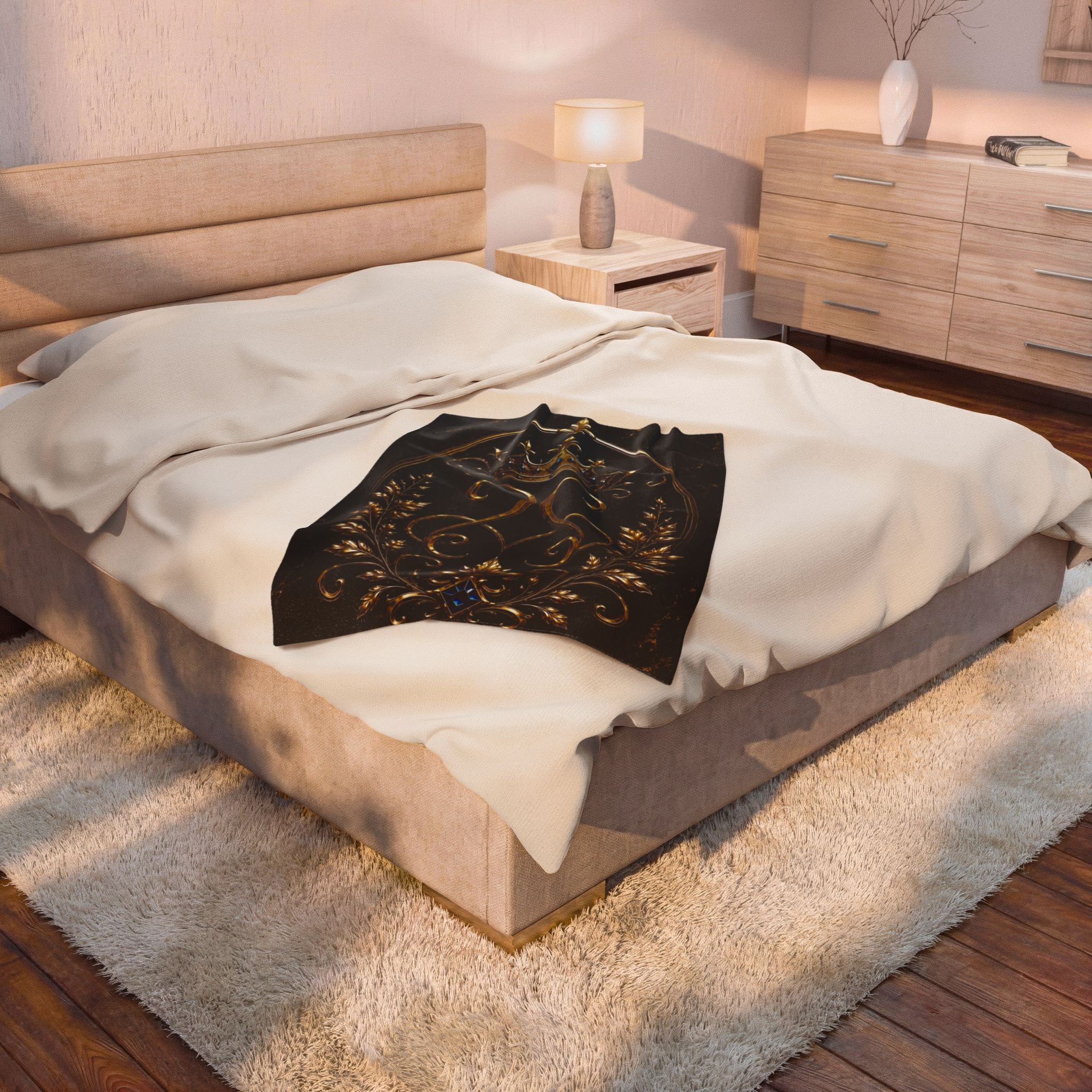 Regal Crown Velvet Plush Blanket — Gold Baroque Royal Throw