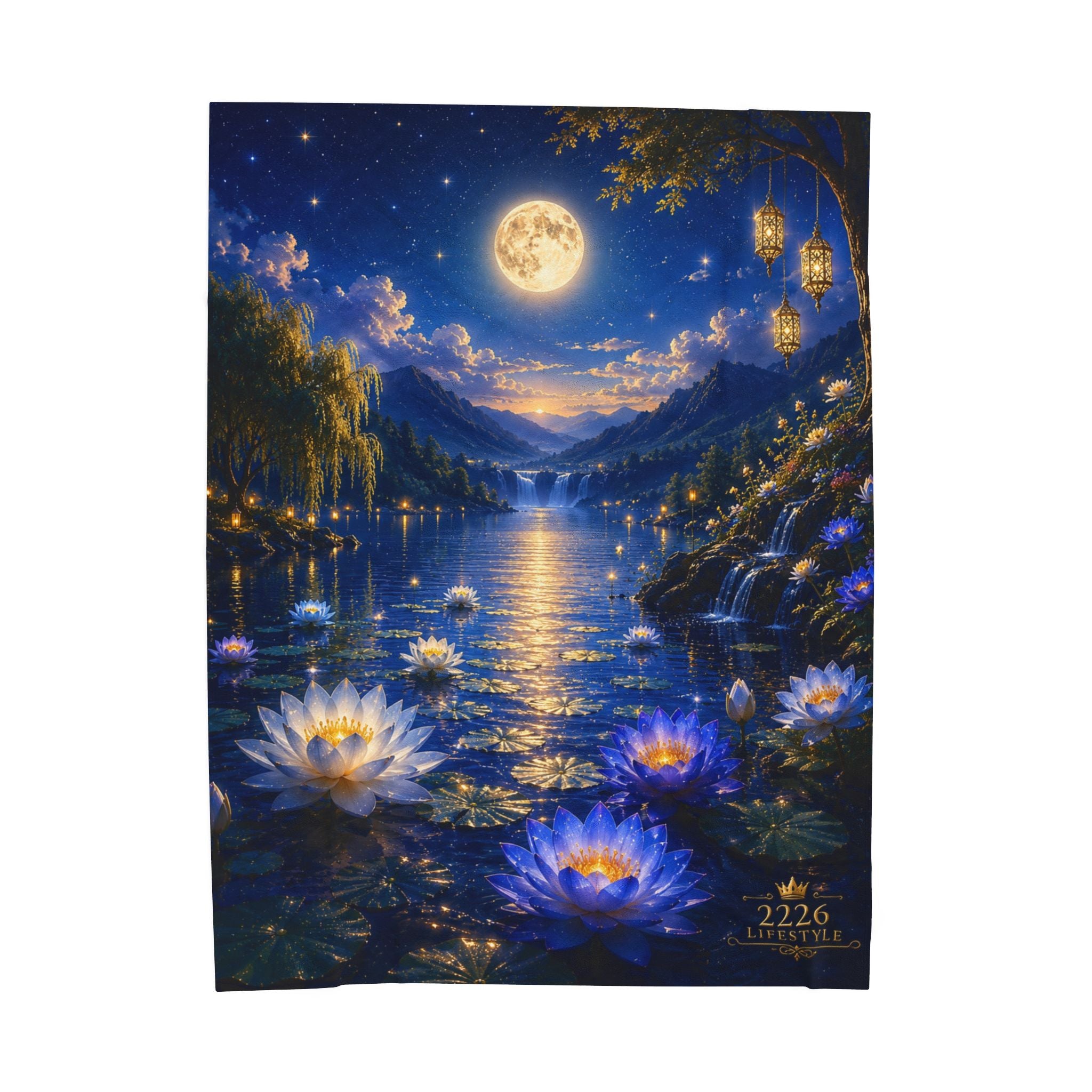 Velveteen Plush Blanket — Moonlit Lotus Lake Throw