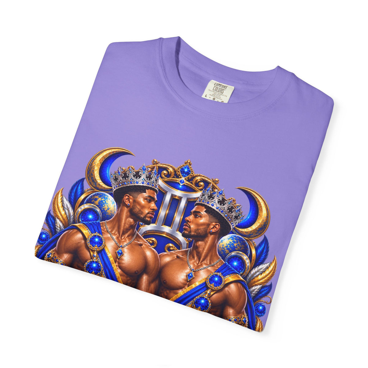 Gemini Zodiac T-Shirt — Bold Blue & Gold Twin Portrait Tee