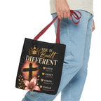 She Is Built Different Christian Tote Bag – Inspirational Faith Cross Design
