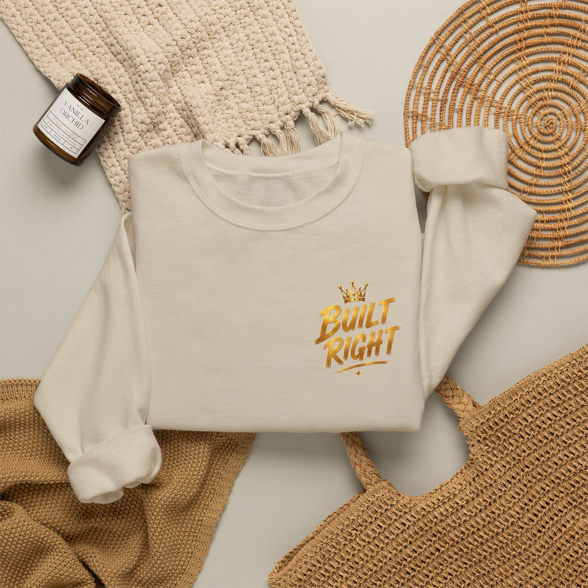 Built Right Crewneck Sweatshirt — "Built Right: Beautiful Brilliant" Gold Graphic