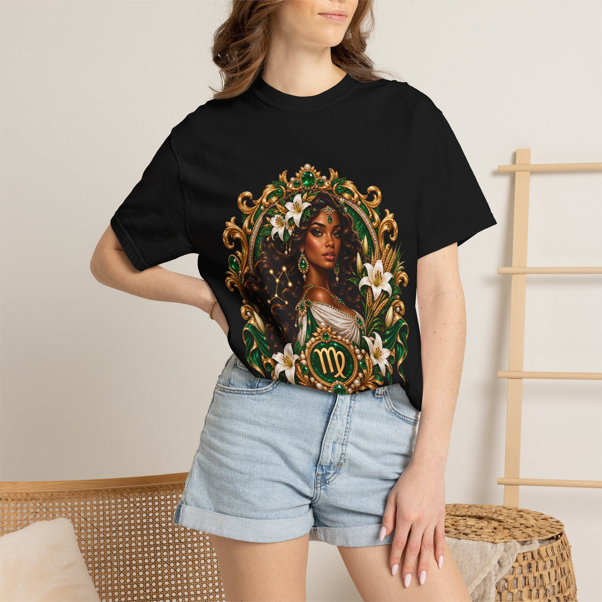 Virgo Zodiac T-Shirt — Elegant Virgo Goddess & Owl Horoscope Tee