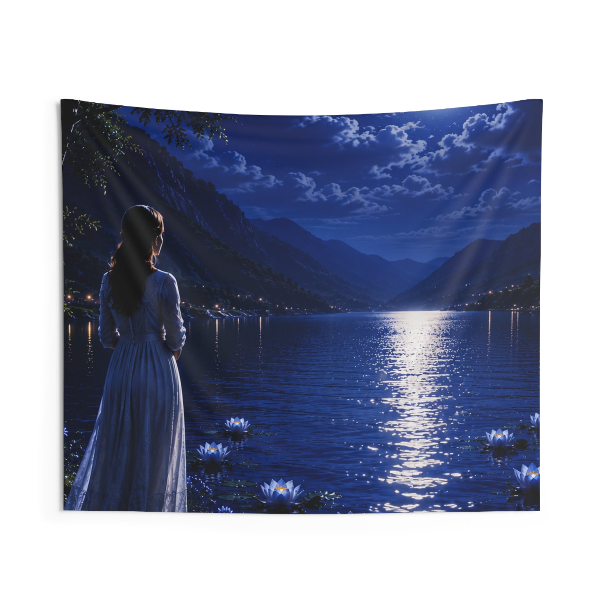 Moonlit Lake Tapestry — Woman Gazing at Full Moon Over Serene Water