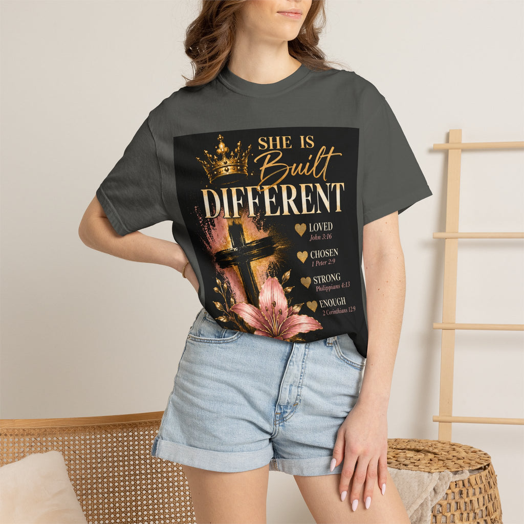 Christian Inspirational T-Shirt — "She Is Built Different / Built Right"