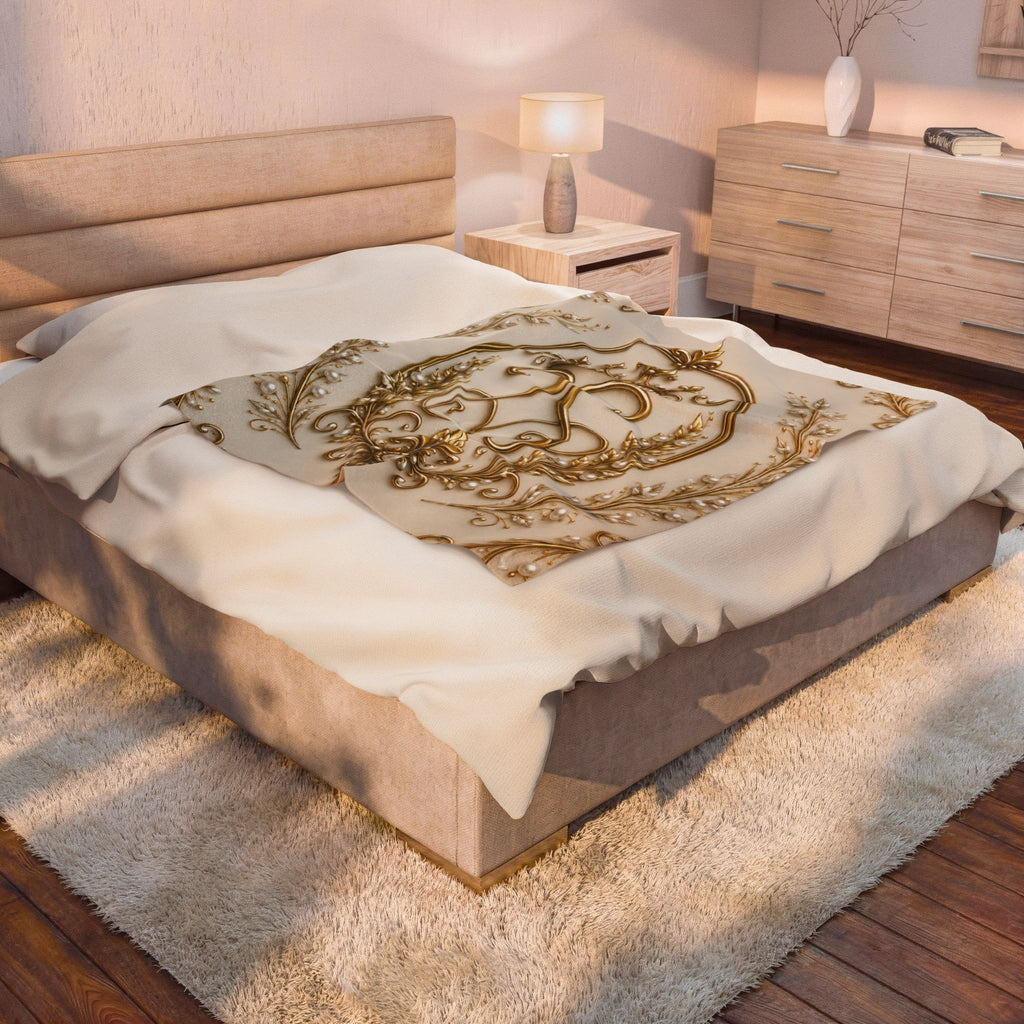 Royal Gold Crown Velveteen Plush Blanket — Ornate Baroque Throw for Luxurious Home Decor