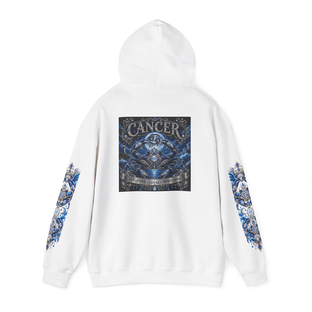 Cancer Zodiac Hoodie — Blue Crab Astrology Sweatshirt with Sleeve Art
