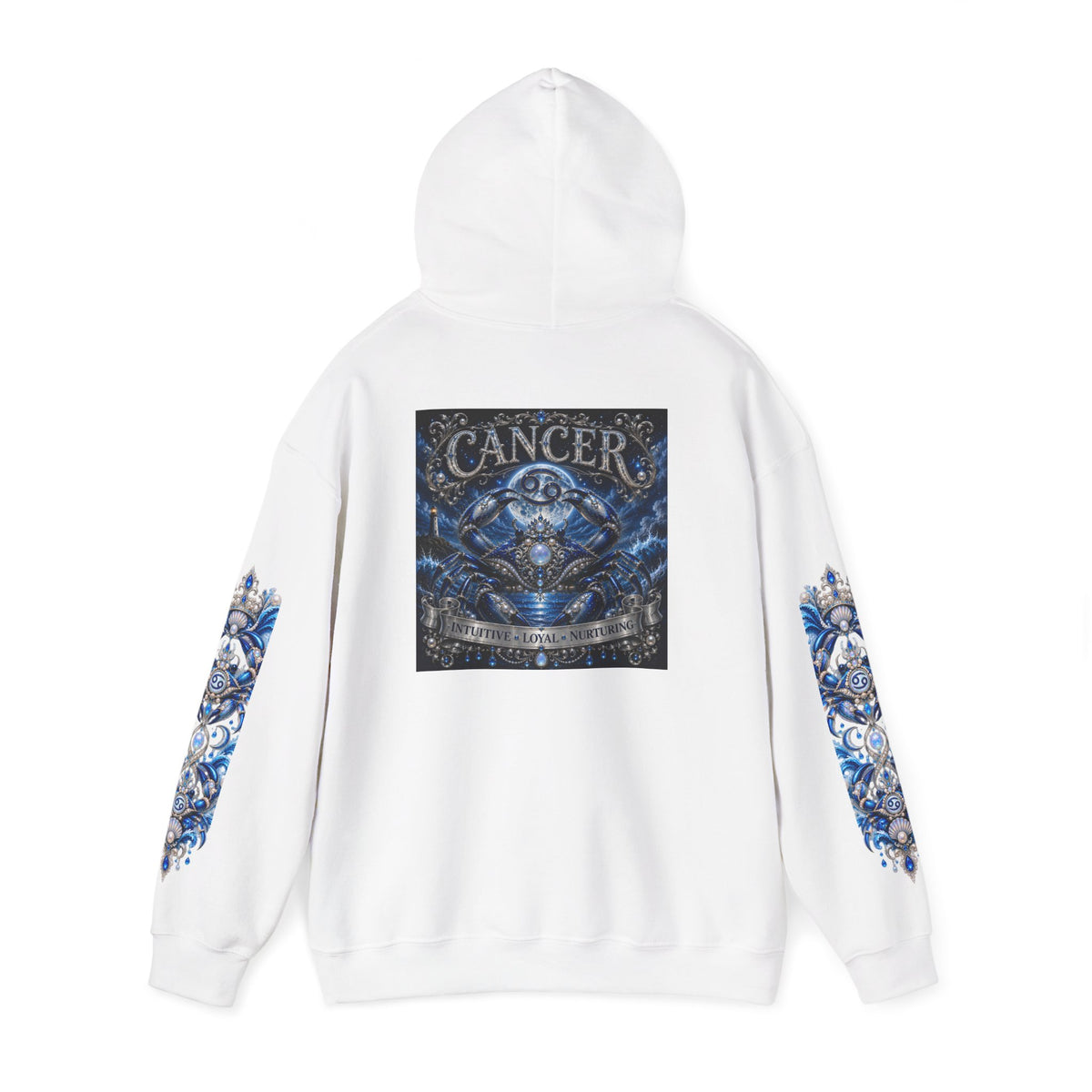 Cancer Zodiac Hoodie — Blue Crab Astrology Sweatshirt with Sleeve Art