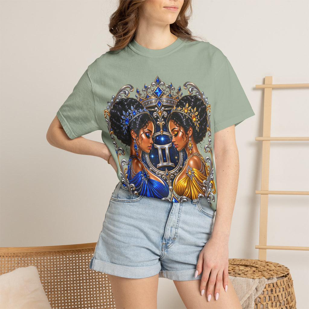 Gemini Zodiac Twin Queens T-Shirt — Elegant Blue & Gold Astrology Tee