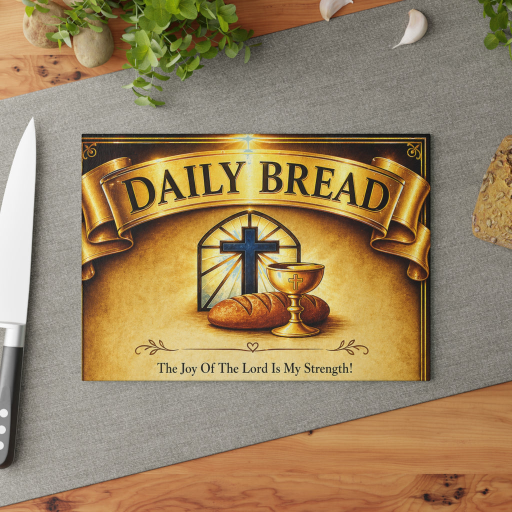 Daily Bread Glass Cutting Board — Christian Communion Decor with Cross & Chalice