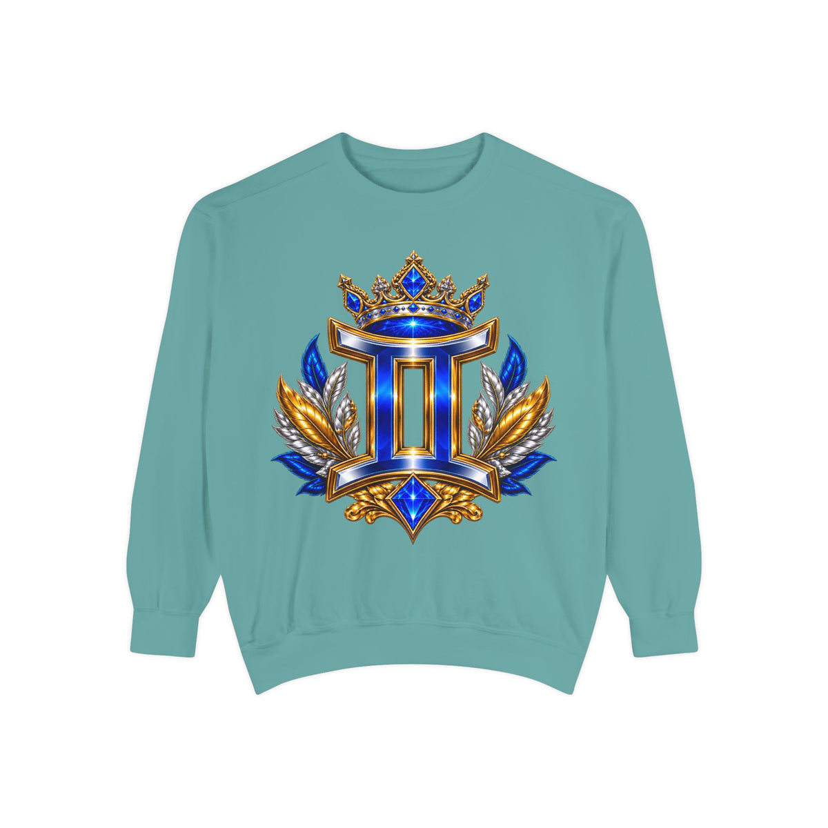 Gemini Zodiac Sweatshirt — Royal Blue & Gold Twin Symbol Crewneck