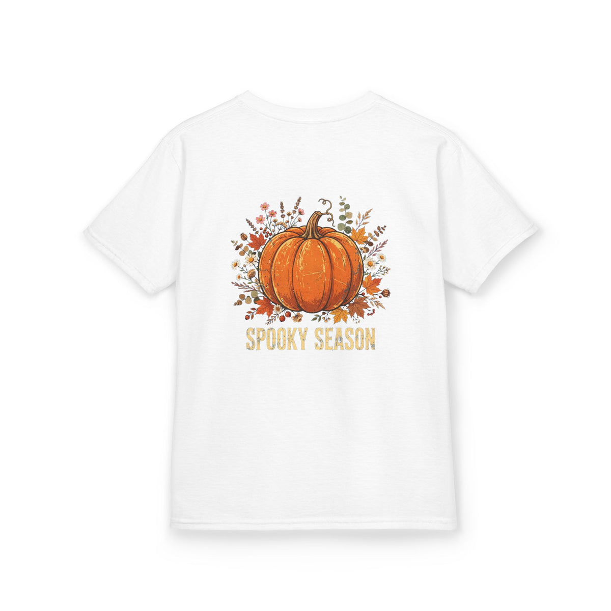 Kids Halloween Tee — Cute Ghost Holding Pumpkin "Spooky Season"