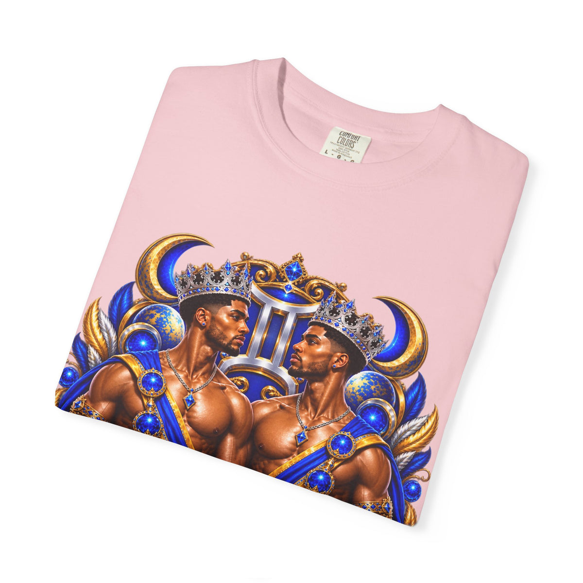 Gemini Zodiac T-Shirt — Bold Blue & Gold Twin Portrait Tee