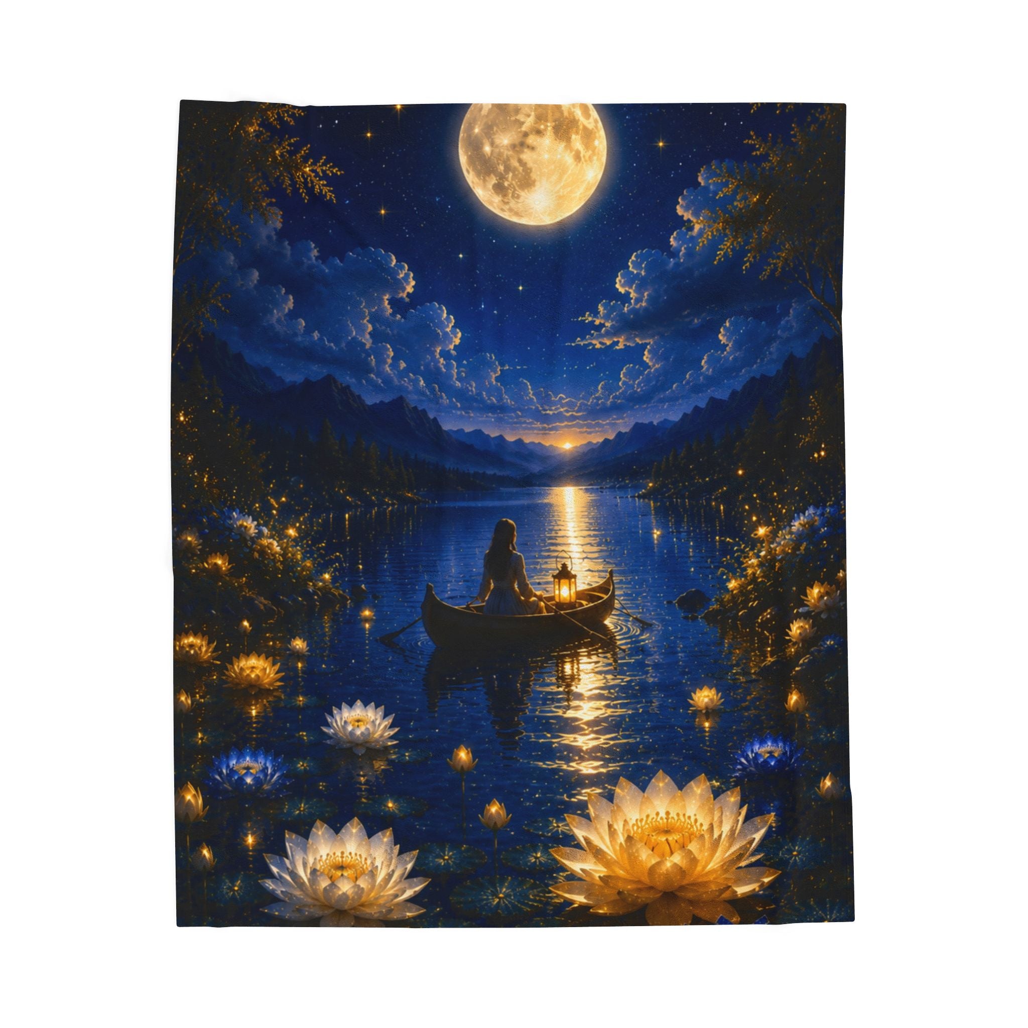 Moonlit Lake Velveteen Plush Blanket — Romantic Nightscape Cozy Throw