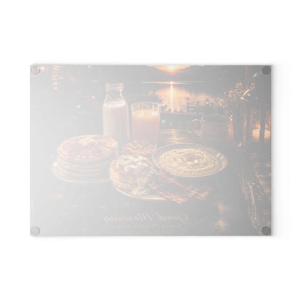 Glass Cutting Board — "Good Morning" Breakfast Scene Decorative Kitchen Board