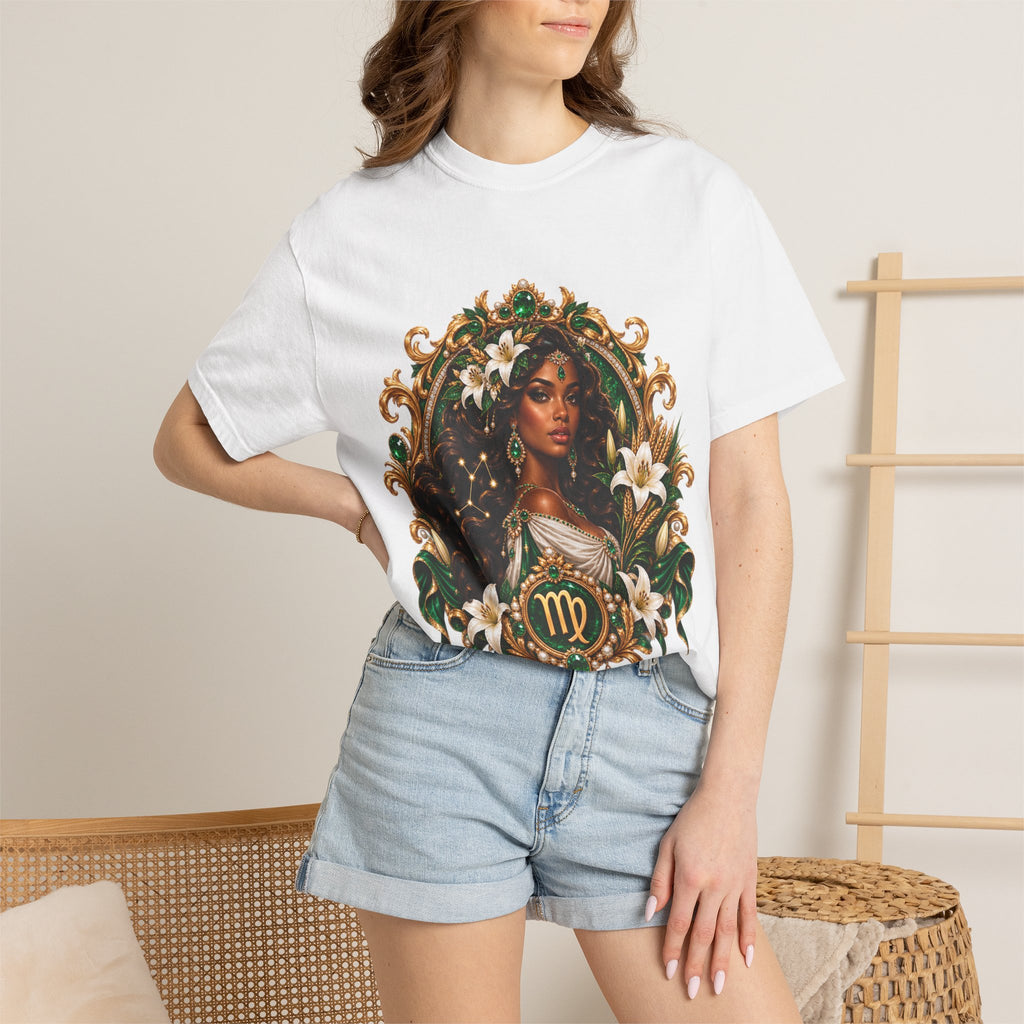 Virgo Zodiac T-Shirt — Elegant Virgo Goddess & Owl Horoscope Tee