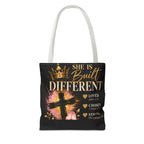 She Is Built Different Christian Tote Bag – Inspirational Faith Cross Design