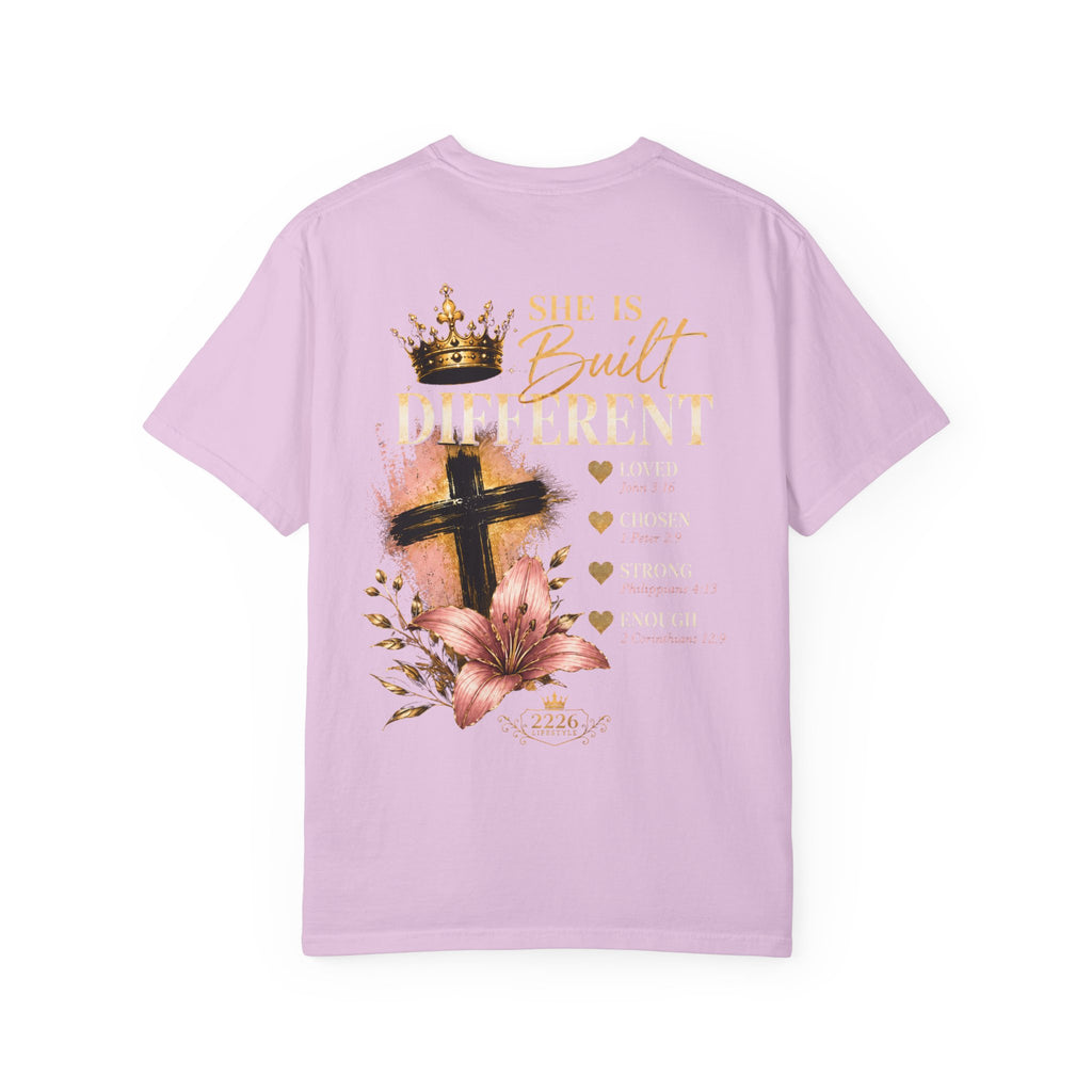 Built Right T-Shirt — Christian Faith Floral Cross Tee (She Is Built Different)