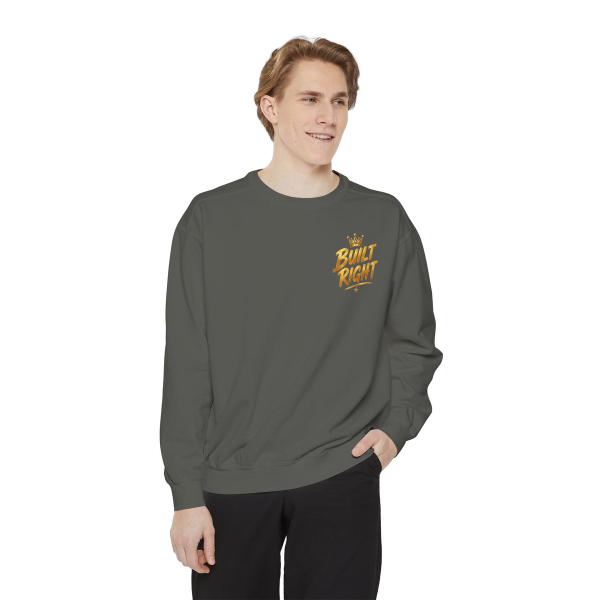 Built Right Sweatshirt — "Built Right: Beautiful. Brilliant." Gold Script Crewneck