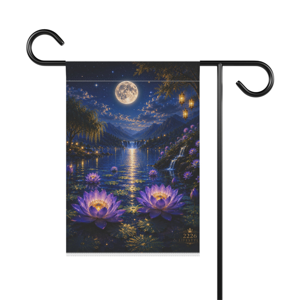 Moonlit Lotus Garden Flag – Serene Night Watercolor Garden Banner
