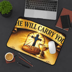 Christian Desk Mat — 'He Will Carry You' Communion Cross, Bread & Chalice Inspirational Desk Pad