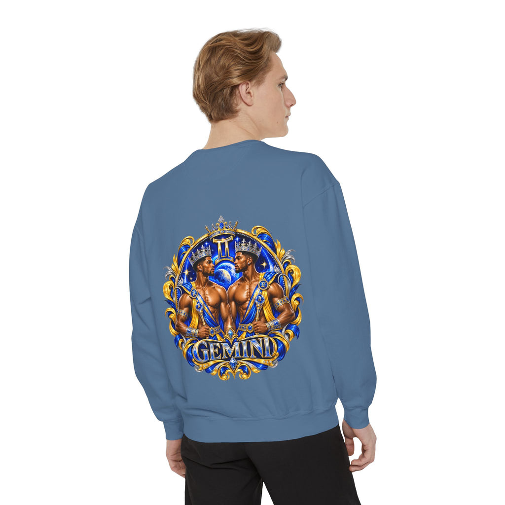 Gemini Zodiac Sweatshirt — Royal Blue & Gold Twin Symbol Crewneck
