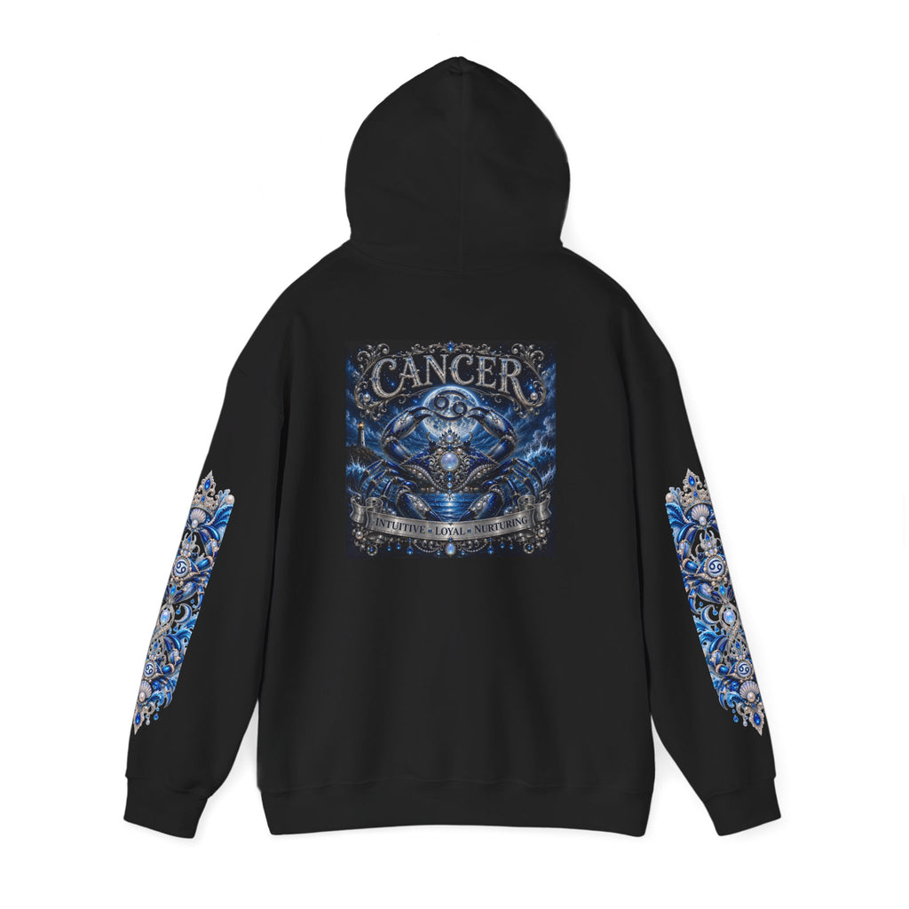 Cancer Zodiac Hoodie — Blue Crab Astrology Sweatshirt with Sleeve Art