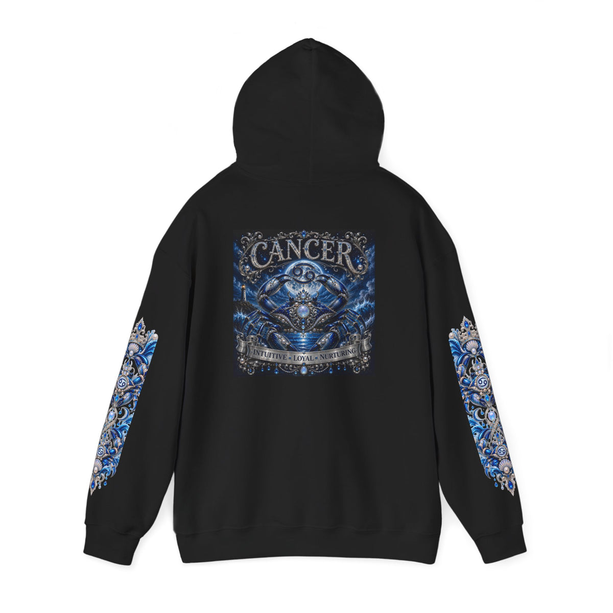 Cancer Zodiac Hoodie — Blue Crab Astrology Sweatshirt with Sleeve Art