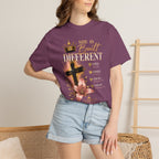 She Is Built Different Christian T-Shirt — Cross, Crown & Lily Faith Tee