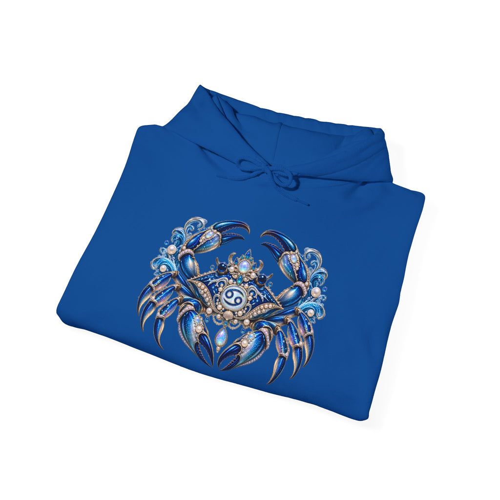 Cancer Zodiac Hoodie — Blue Crab Astrology Sweatshirt with Sleeve Art