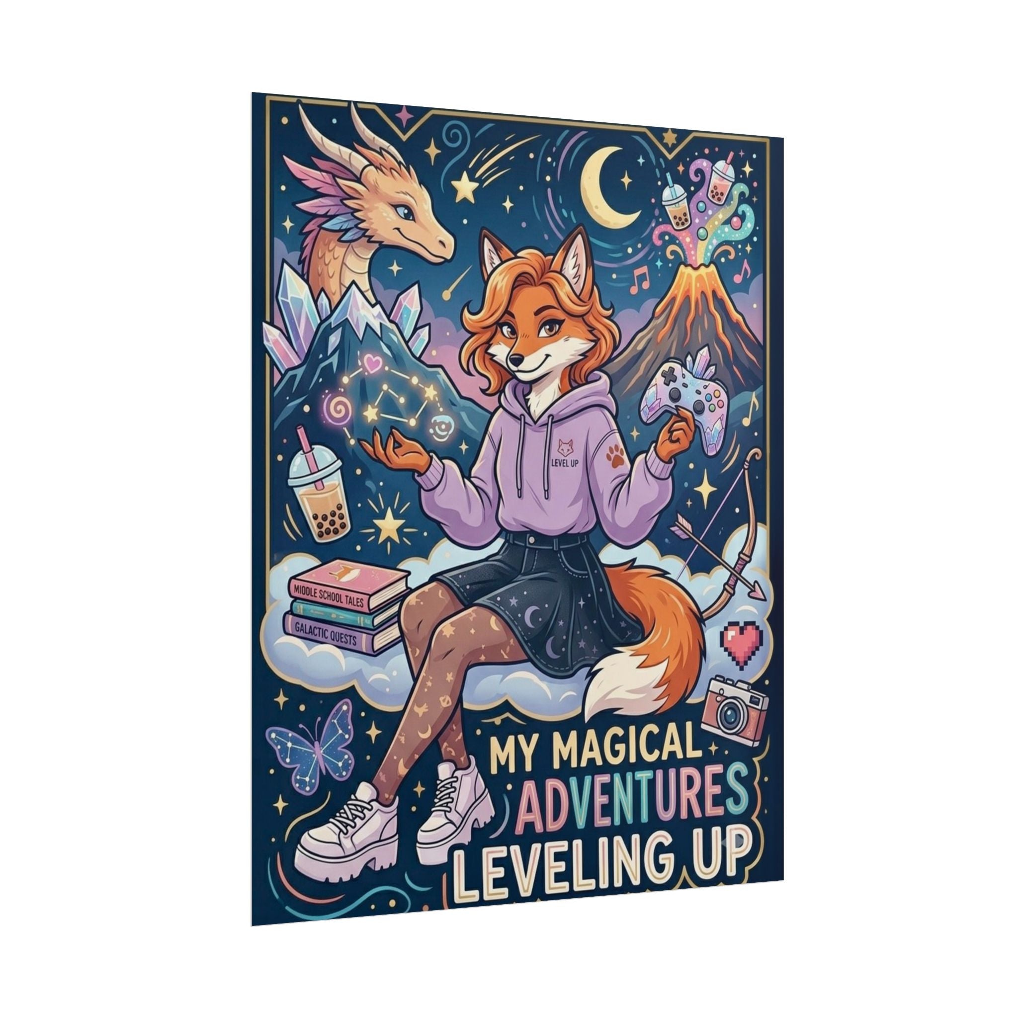 Rolled Poster — "My Magical Adventures: Leveling Up" Cute Fantasy Fox Gaming Art Print