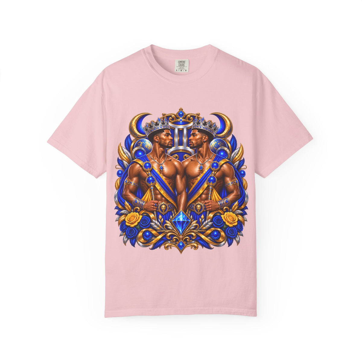 Gemini Zodiac T-Shirt — Bold Blue & Gold Twin Portrait Tee