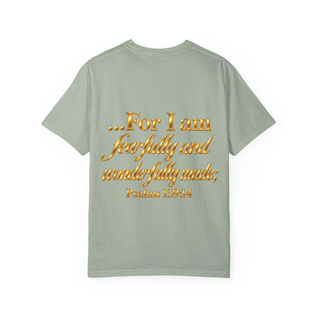 I Am God’s Masterpiece T-Shirt — Gold Script Christian Faith Tee (Psalm 139:14)