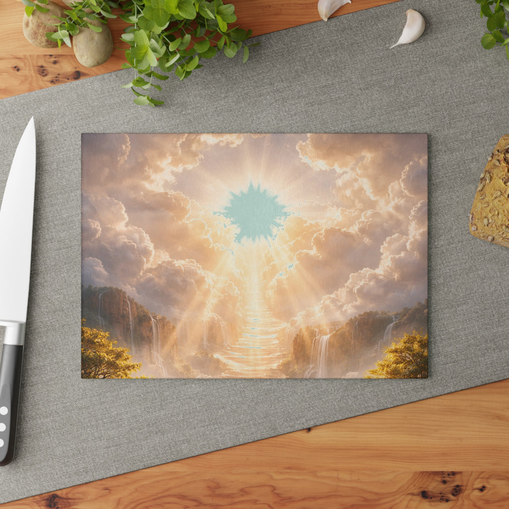 Heavenly Rays Glass Cutting Board — Serene Sunlight Cloudscape Kitchen Decor