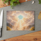 Heavenly Rays Glass Cutting Board — Serene Sunlight Cloudscape Kitchen Decor