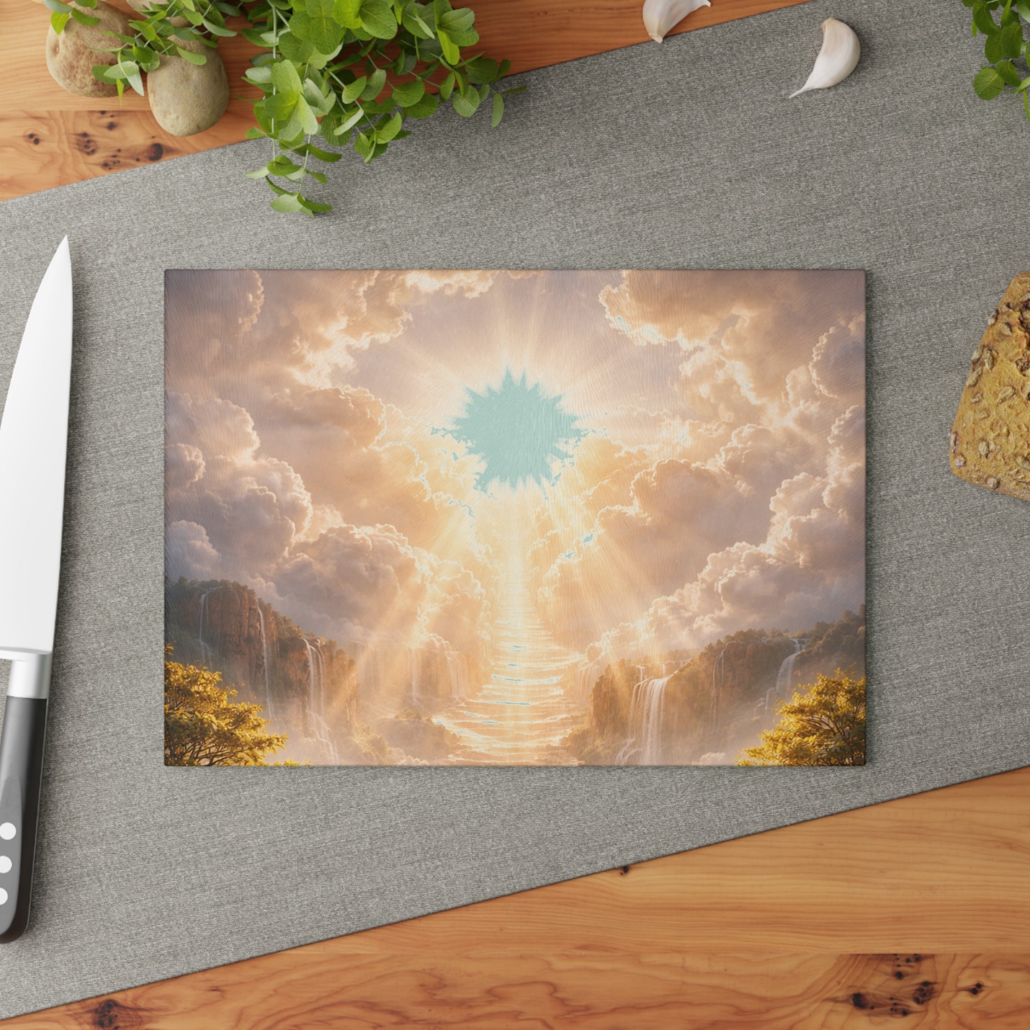 Heavenly Rays Glass Cutting Board — Serene Sunlight Cloudscape Kitchen Decor